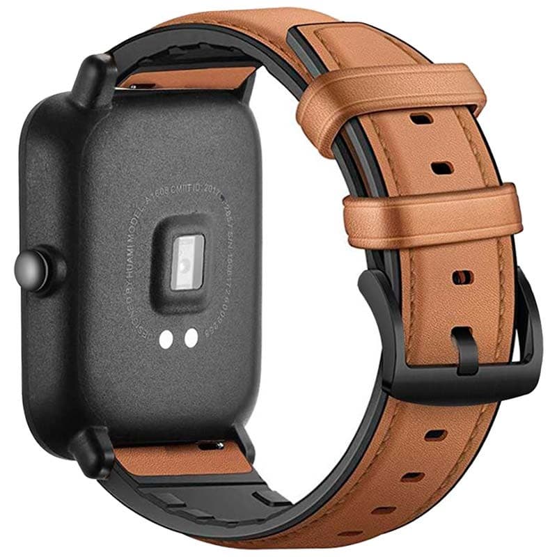 Bracelet Universel Cuir Premium 20mm pour smartwatch, cuir marron lisse, coutures fines, boucle noire mate, perforations d’ajustement, compatible Xiaomi et