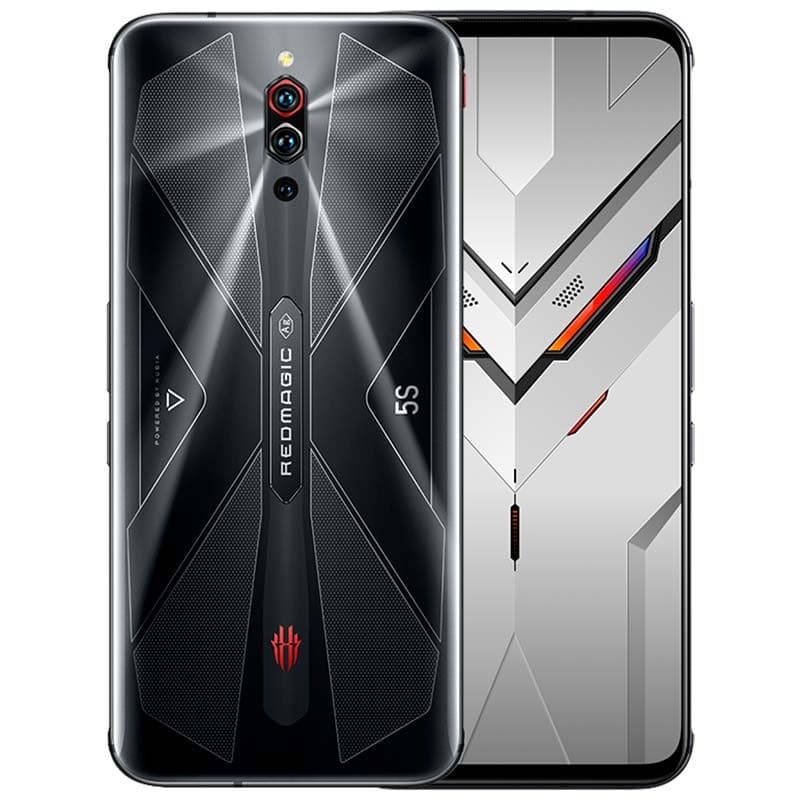 Smartphone gaming noir RedMagic 5S avec dos géométrique brillant, triple caméra alignée, logo rouge, écran bord à bord et détails colorés futuristes