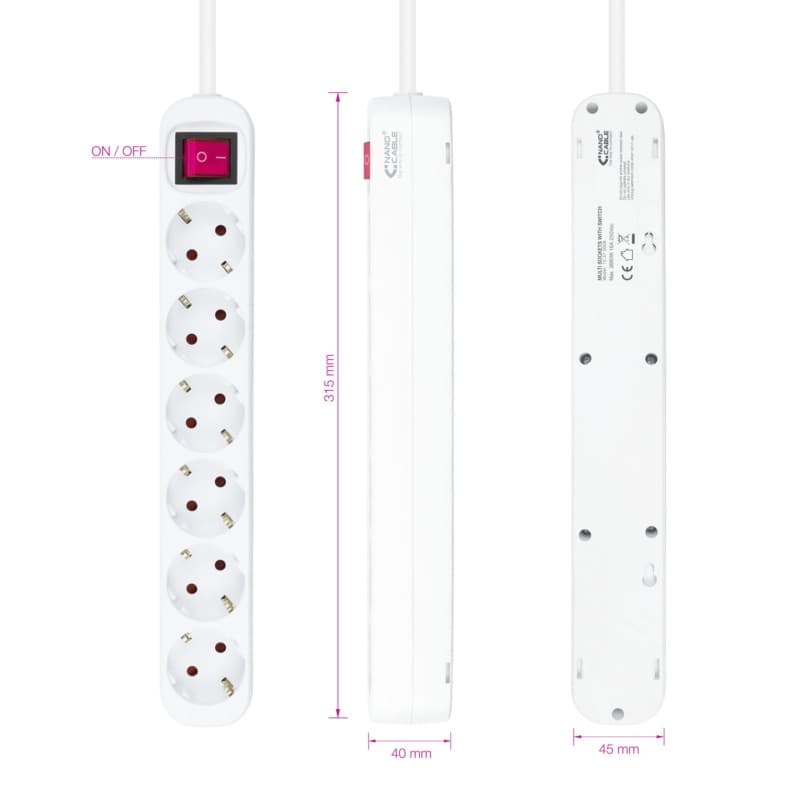 Bloc à 6 prises Nanocable avec interrupteur 1.4m Blanc, Câble de 1,4 mètre 
