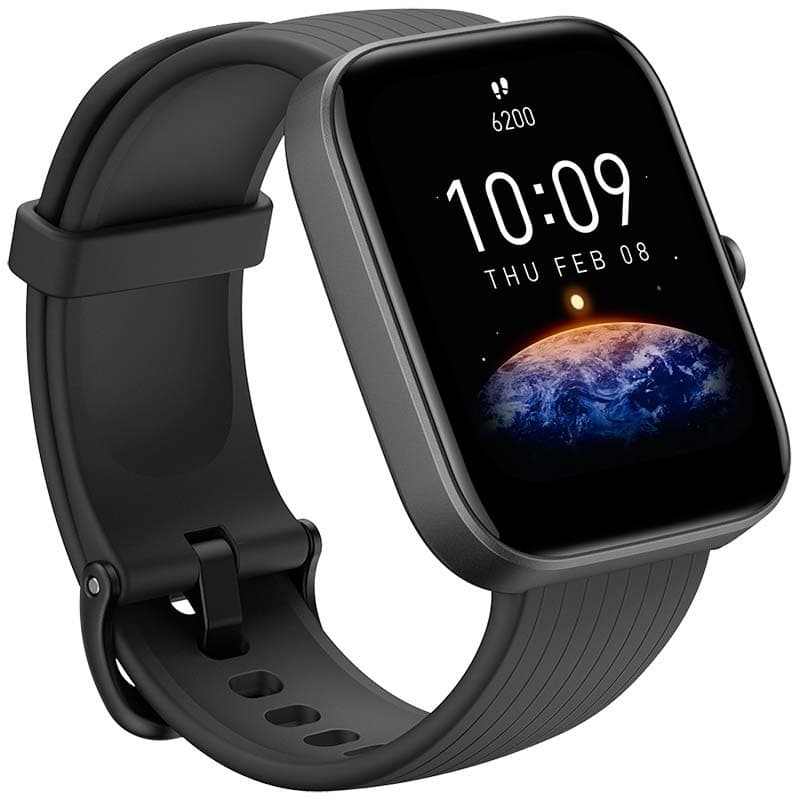 vista frontal y lateral izquierdo del Amazfit Bip 3 Pro Negro