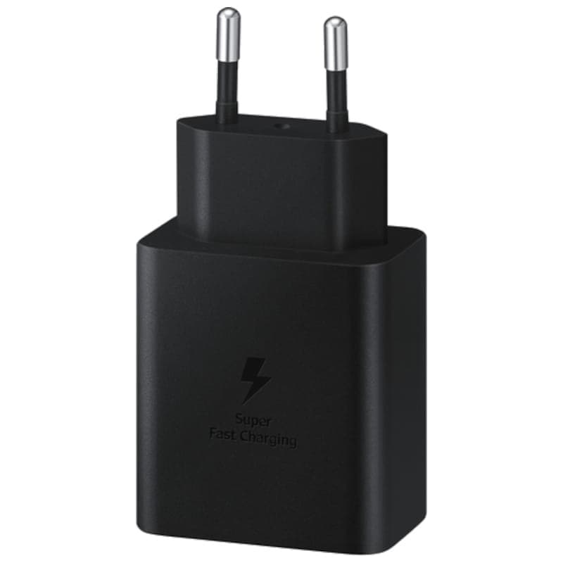 Chargeur mural noir compact Samsung 45W avec prise EU et logo Super Fast Charging, finition mate, bords arrondis, design minimaliste USB Type-C vers Type-C