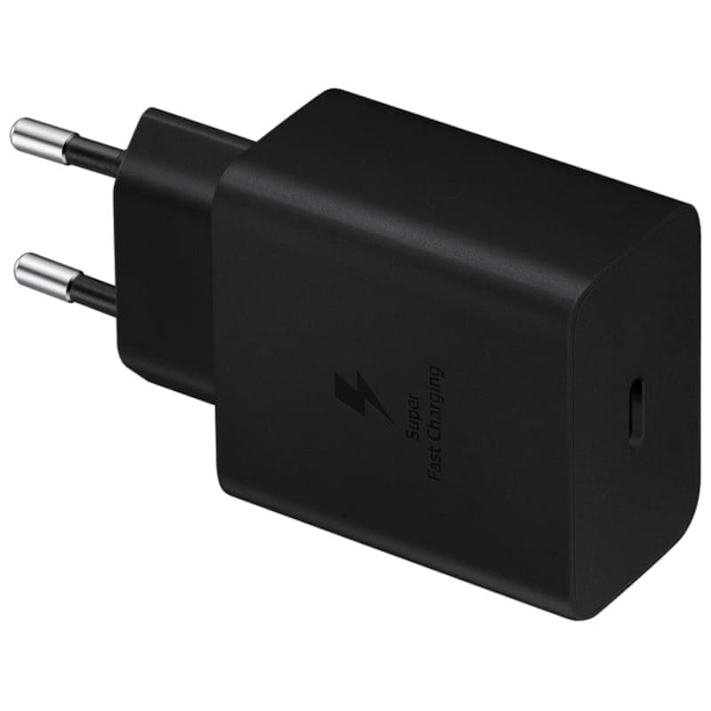 Chargeur mural noir Samsung 45W compact avec port USB-C unique, finition mate, broches européennes, icône éclair Super Fast Charging visible