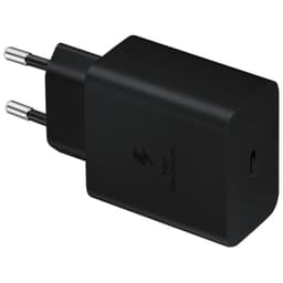 Chargeur mural noir Samsung 45W compact avec port USB-C unique, finition mate, broches européennes, icône éclair Super Fast Charging visible