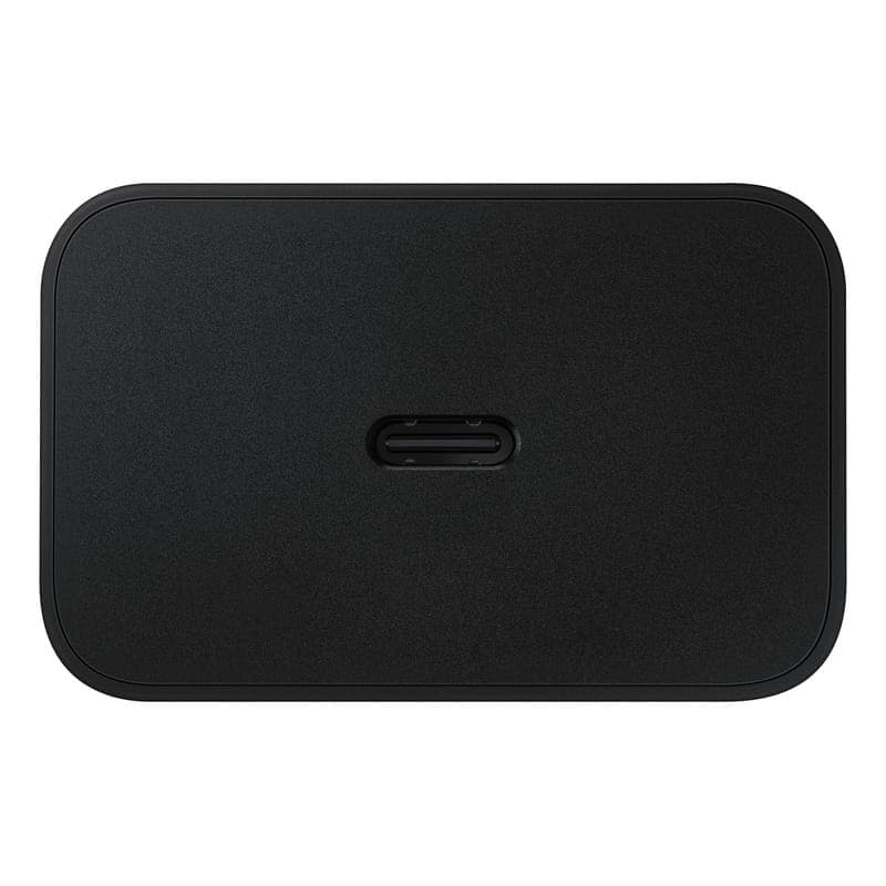Bloc chargeur mural noir Samsung 45W avec unique port USB‑C centré surface mate bords arrondis design compact et épuré pour charge ultra rapide