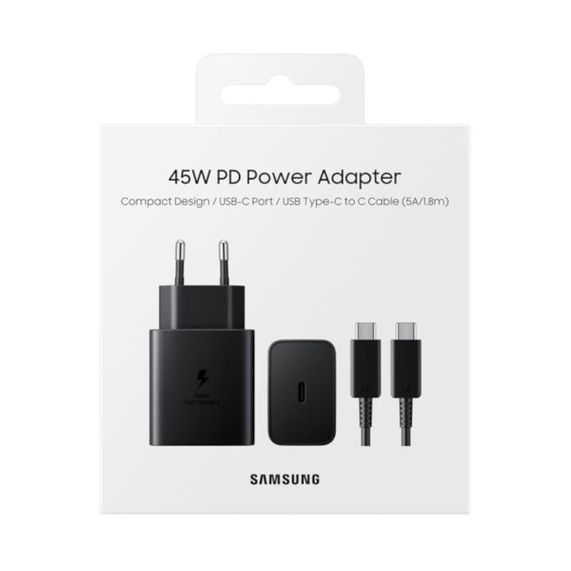 Chargeur mural Samsung 45W noir avec port USB‑C et câble USB‑C vers USB‑C 1,8 m, design compact, prise EU, icône Fast Charging visible