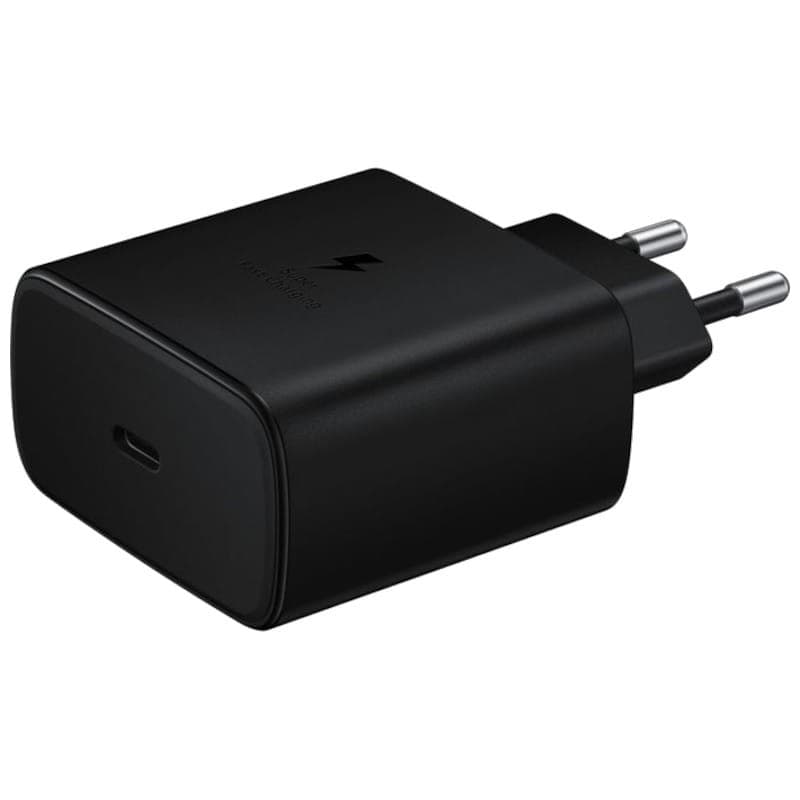 Carregador de parede Samsung preto, USB-C único, 45W Super Fast Charging. Design compacto com pinos europeus e acabamento fosco elegante.
