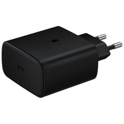Carregador de parede Samsung preto, USB-C único, 45W Super Fast Charging. Design compacto com pinos europeus e acabamento fosco elegante.