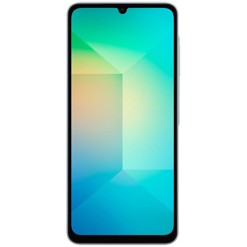 Samsung Galaxy A06 4G azul claro com tela ampla HD+, bordas finas e notch em V centralizado, design moderno e frontal minimalista