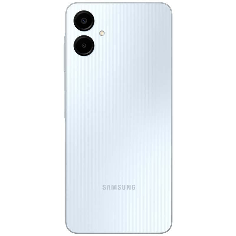 Traseira do Samsung Galaxy A06 4G azul claro com acabamento texturizado, duas câmeras verticais e flash, logotipo Samsung centralizado