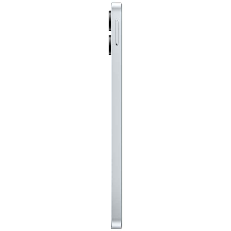 Lateral do Samsung Galaxy A06 4G Azul Claro, corpo fino em tom suave, perfil reto com bandeja SIM visível e módulo de câmera traseira levemente saliente