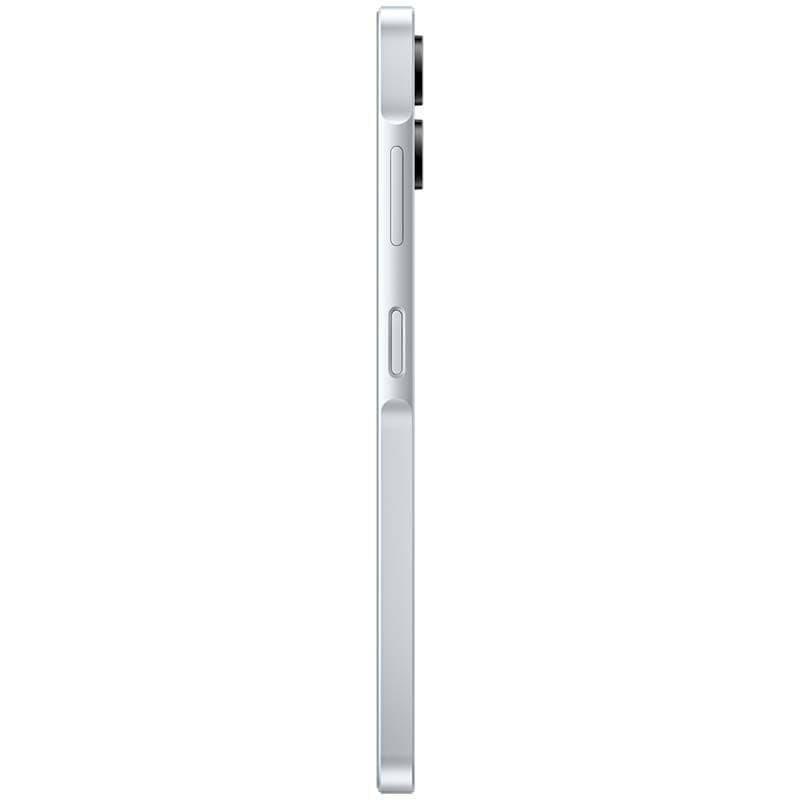 Lateral do Samsung Galaxy A06 4G Azul Claro com botões de volume e energia salientes, bordas retas e módulo de câmera duplo levemente elevado