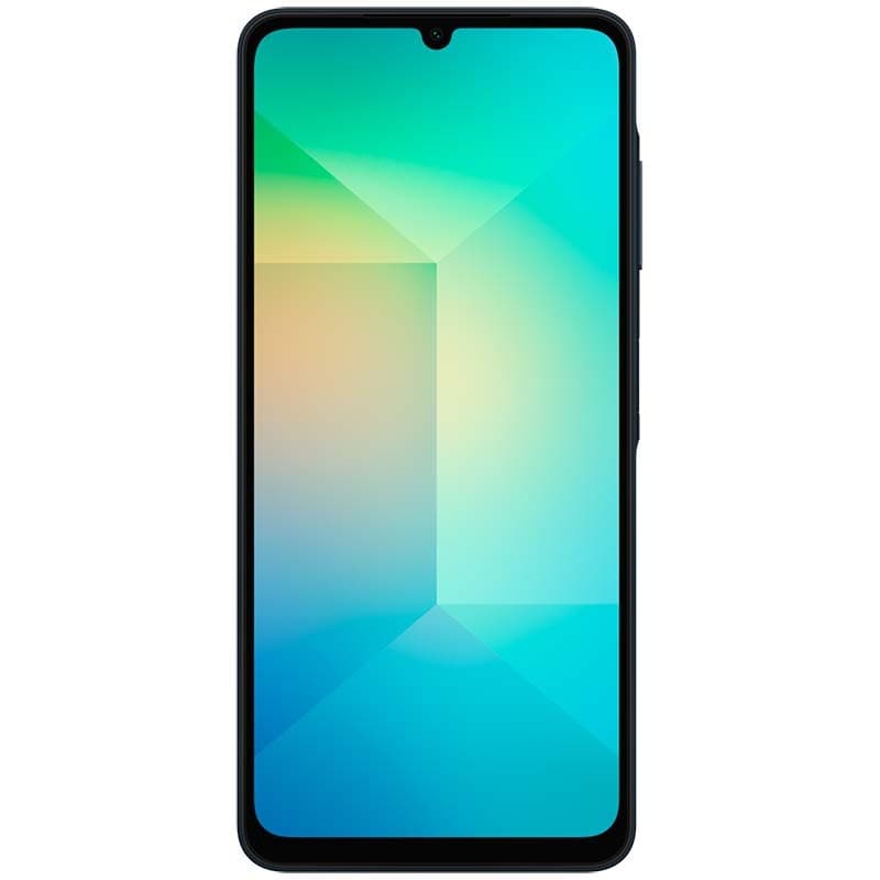 Samsung Galaxy A06 4G 4GB/64GB Dourado com tela grande de bordas finas, notch em gota central e moldura preta discreta, design moderno e minimalista