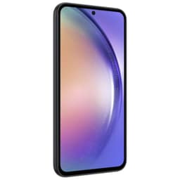 Samsung Galaxy A54 5G graphite reconditionné excellent état, écran bord à bord avec poinçon central, bords noirs fins, reflets dégradés violet et or