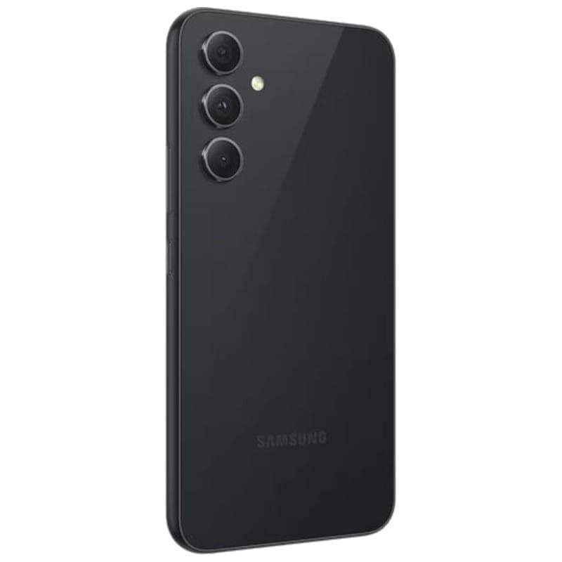 Samsung Galaxy A54 5G graphite reconditionné excellent état, dos noir brillant, triple capteur arrière aligné verticalement avec flash, bords fins