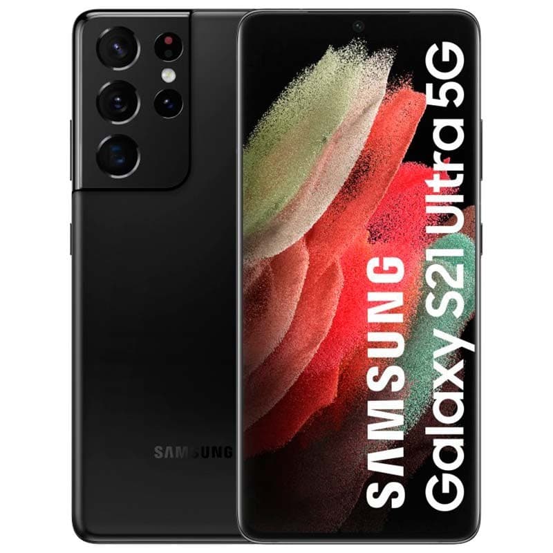 Samsung Galaxy S21 Ultra G998 renovado negro, 12GB RAM y 256GB, pantalla amplia con bordes curvos, módulo de cámaras cuádruple y acabado mate elegante