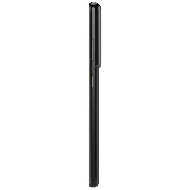 Perfil lateral del Samsung Galaxy S21 Ultra G998 negro renovado, delgado con módulo de cámaras sobreelevado y botones de volumen y encendido visibles