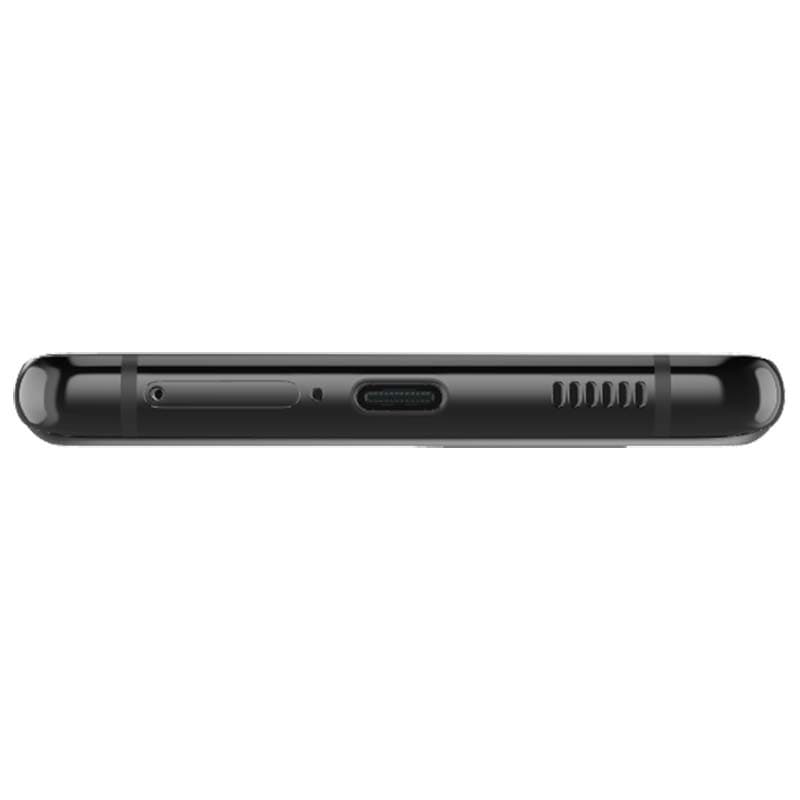 Borde inferior del Samsung Galaxy S21 Ultra G998 negro renovado: puerto USB-C centrado, rejilla de altavoz, micrófono y bandeja SIM visibles, acabado brillante