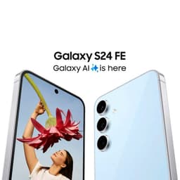 Samsung Galaxy S24 FE 5G en grafito, pantalla plana con cámara frontal perforada y triple cámara trasera alineada verticalmente, bordes metálicos rectos