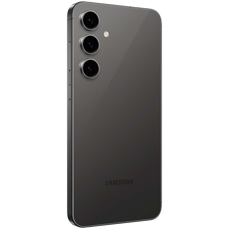 Samsung Galaxy S24 FE 5G graphite rénové excellent état, dos en verre sombre, triple caméra verticale proéminente, bords arrondis élégants, logo discret
