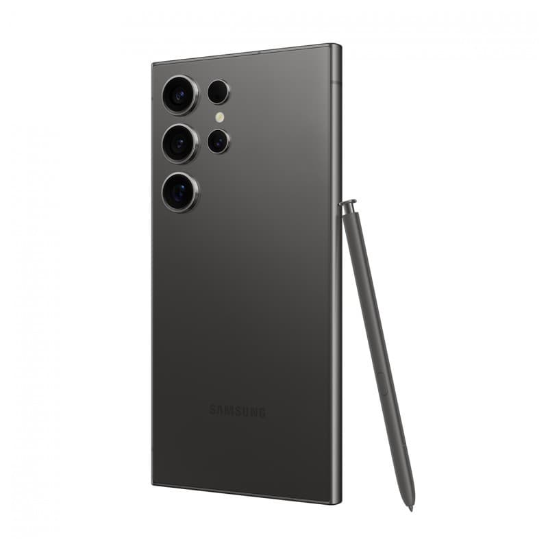 Samsung Galaxy S24 Ultra 5G preto renovado em excelente condição, traseira em metal fosco, módulo quádruplo de câmeras e S Pen destacada