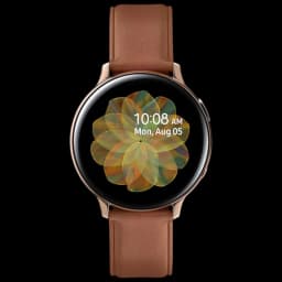Reloj inteligente dorado de 44 mm con caja de acero y correa de cuero marrón, pantalla circular AMOLED con bisel fino. Clase B reacondicionado