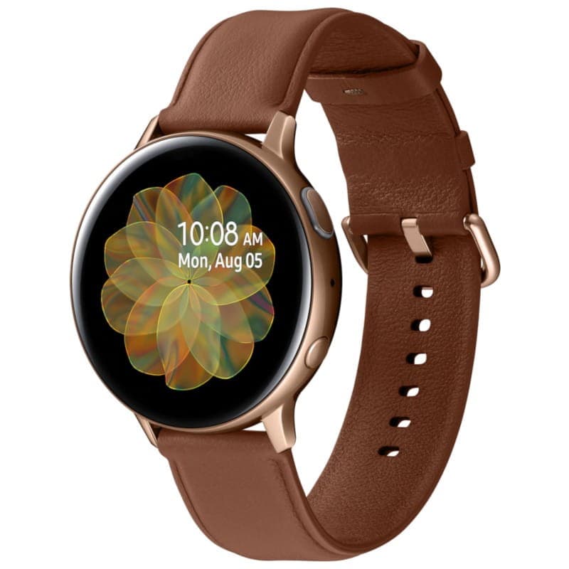 Smartwatch dorado de acero 44 mm con pantalla circular AMOLED y bisel fino, correa de cuero marrón ajustable. Modelo Galaxy Watch Active 2 Clase B