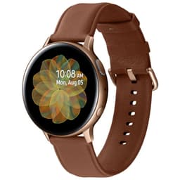 Smartwatch dorado de acero 44 mm con pantalla circular AMOLED y bisel fino, correa de cuero marrón ajustable. Modelo Galaxy Watch Active 2 Clase B