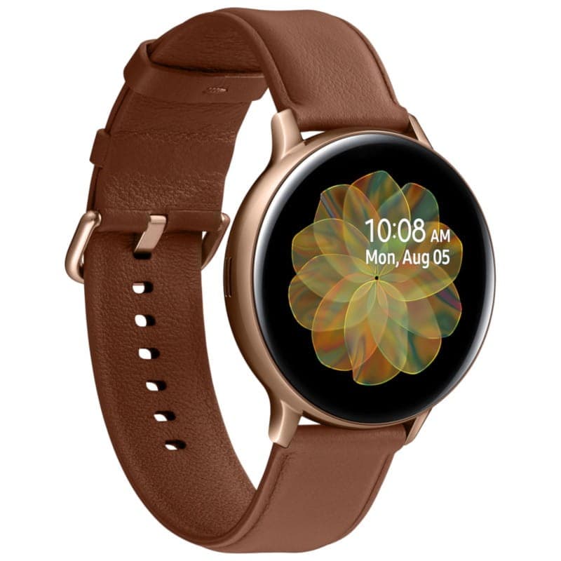 Reloj inteligente dorado de 44 mm con caja de acero y pantalla circular AMOLED, correa de cuero marrón ajustable. Modelo Samsung Galaxy Watch Active 2 Clase B