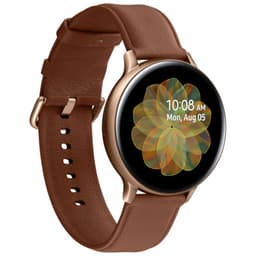 Reloj inteligente dorado de 44 mm con caja de acero y pantalla circular AMOLED, correa de cuero marrón ajustable. Modelo Samsung Galaxy Watch Active 2 Clase B