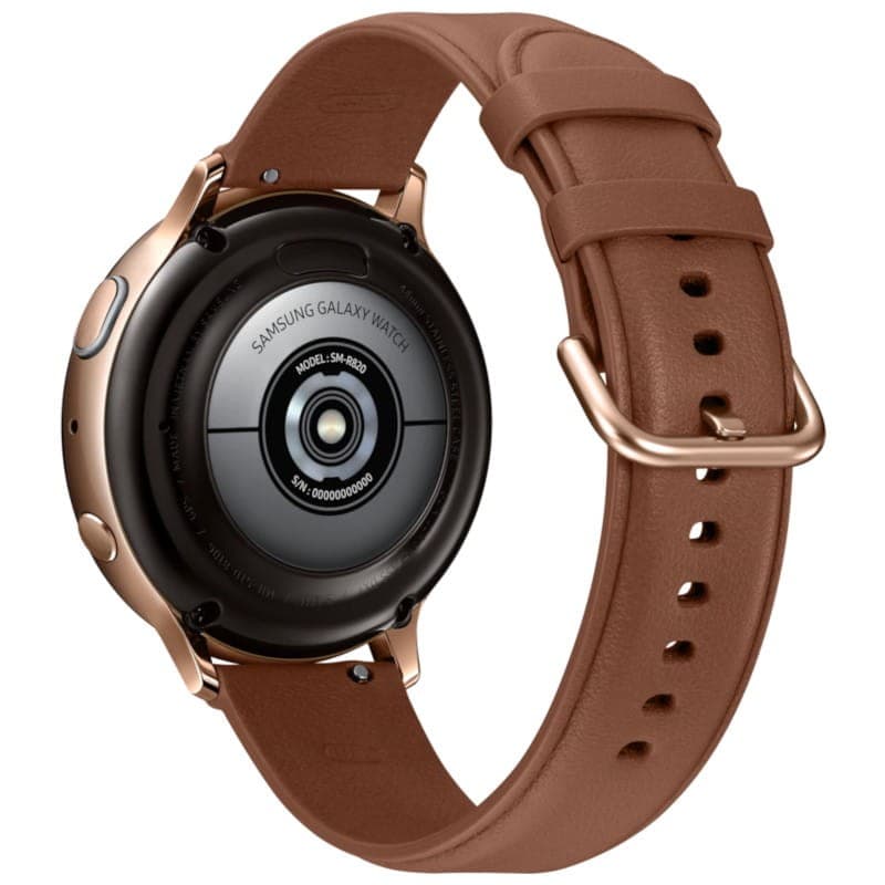Samsung Galaxy Watch Active 2 44 mm en acero dorado, trasera negra con sensor central, correa de cuero marrón ajustable, estilo elegante Clase B