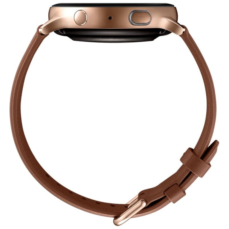 Samsung Galaxy Watch Active 2 44mm R820 dorado, caja de acero y correa de cuero marrón, perfil lateral con botones visibles. Clase B reacondicionado.