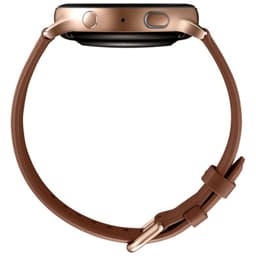 Samsung Galaxy Watch Active 2 44mm R820 dorado, caja de acero y correa de cuero marrón, perfil lateral con botones visibles. Clase B reacondicionado.