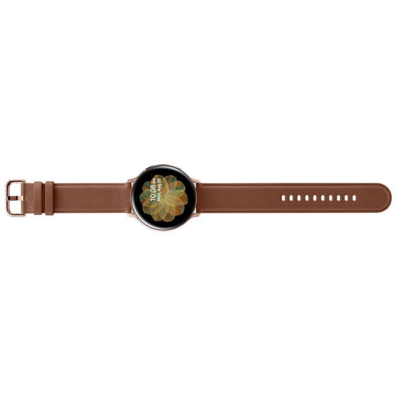 Reloj inteligente dorado de 44 mm con correa marrón, pantalla circular AMOLED con esfera floral, marco de acero y hebilla clásica. Clase B reacondicionado