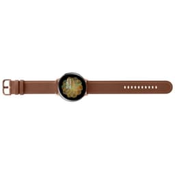 Reloj inteligente dorado de 44 mm con correa marrón, pantalla circular AMOLED con esfera floral, marco de acero y hebilla clásica. Clase B reacondicionado