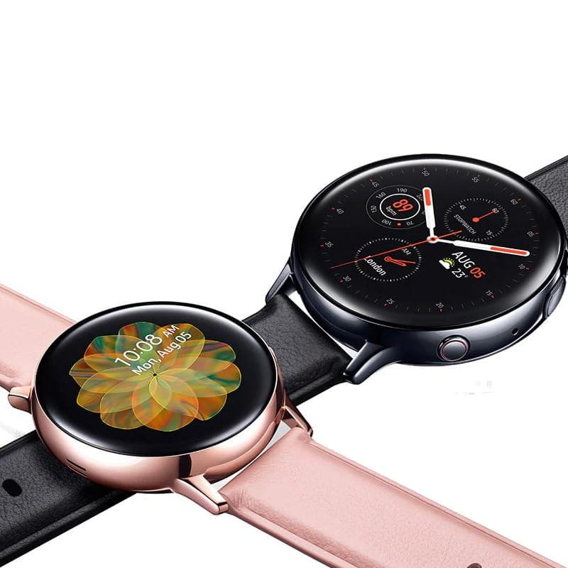 Samsung Galaxy Watch Active 2 44mm acero dorado clase B reacondicionado, caja metálica pulida con bisel táctil y correa rosa; pantalla AMOLED circular