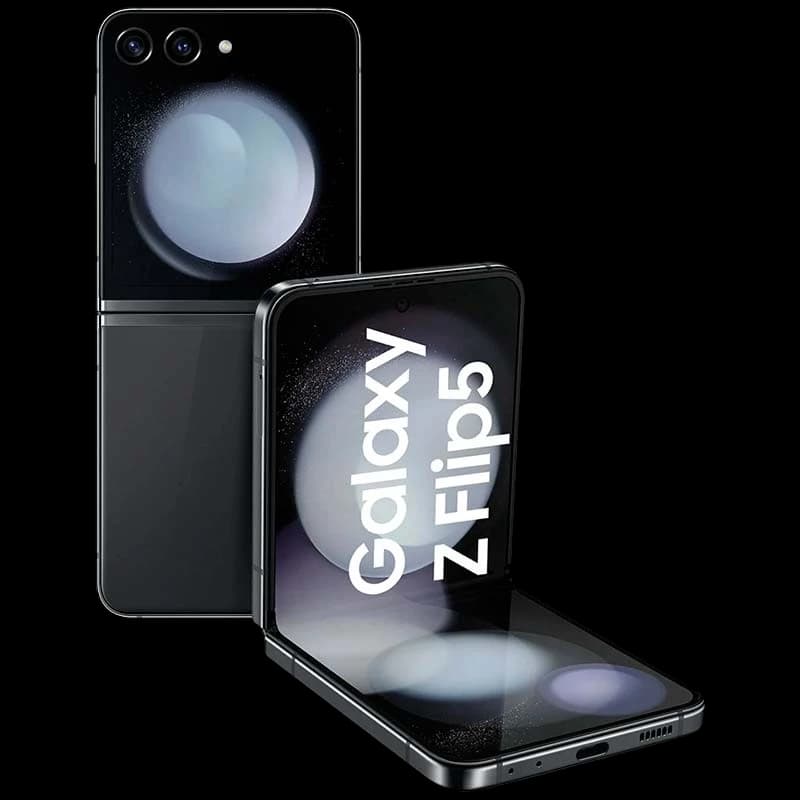 Samsung Galaxy Z Flip5 5G graphite reconditionné bon état, design pliable compact, double écran dont grand écran interne et module photo double vertical