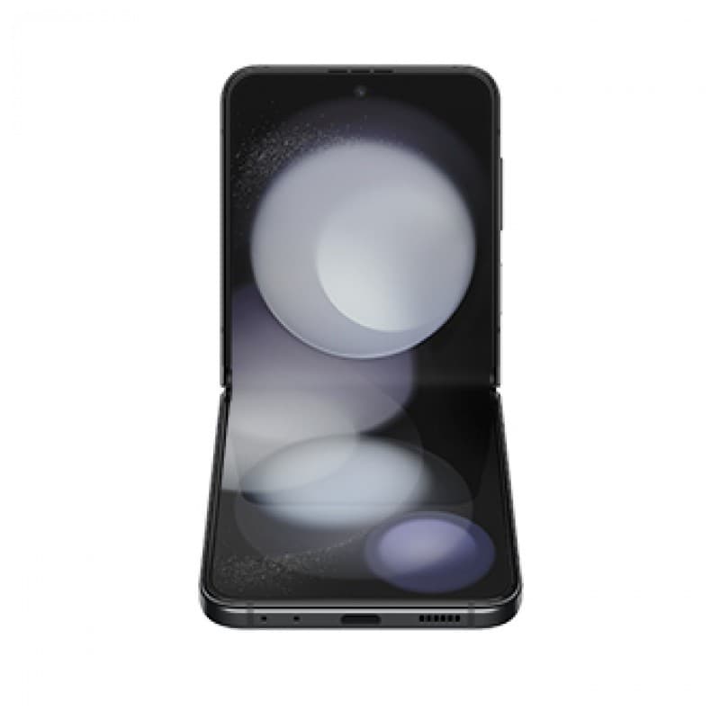 Samsung Galaxy Z Flip5 5G graphite reconditionné bon état, écran pliable ouvert, bords fins, port USB-C et haut-parleur visibles, design compact élégant