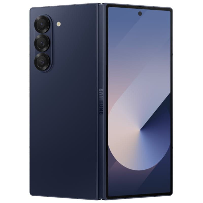 Samsung Galaxy Z Fold6 5G azul oscuro, diseño plegable con gran pantalla interna, cámara triple trasera y perforación frontal. Reacondicionado estado premium