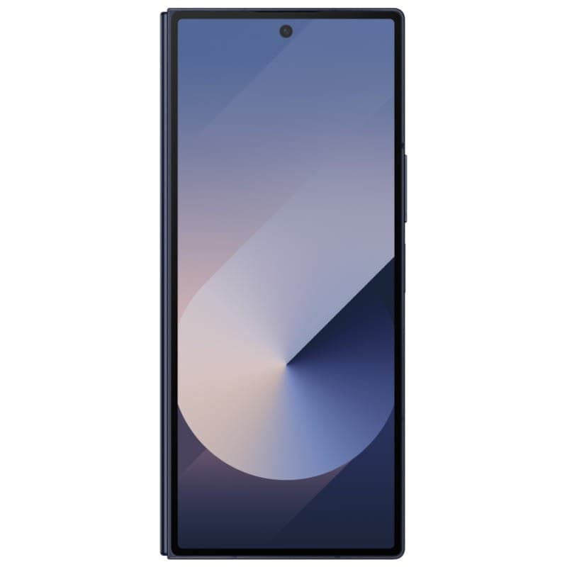 Pantalla externa del Samsung Galaxy Z Fold6 5G azul oscuro, formato alto y delgado, biseles finos, cámara frontal en orificio centrado, estado premium