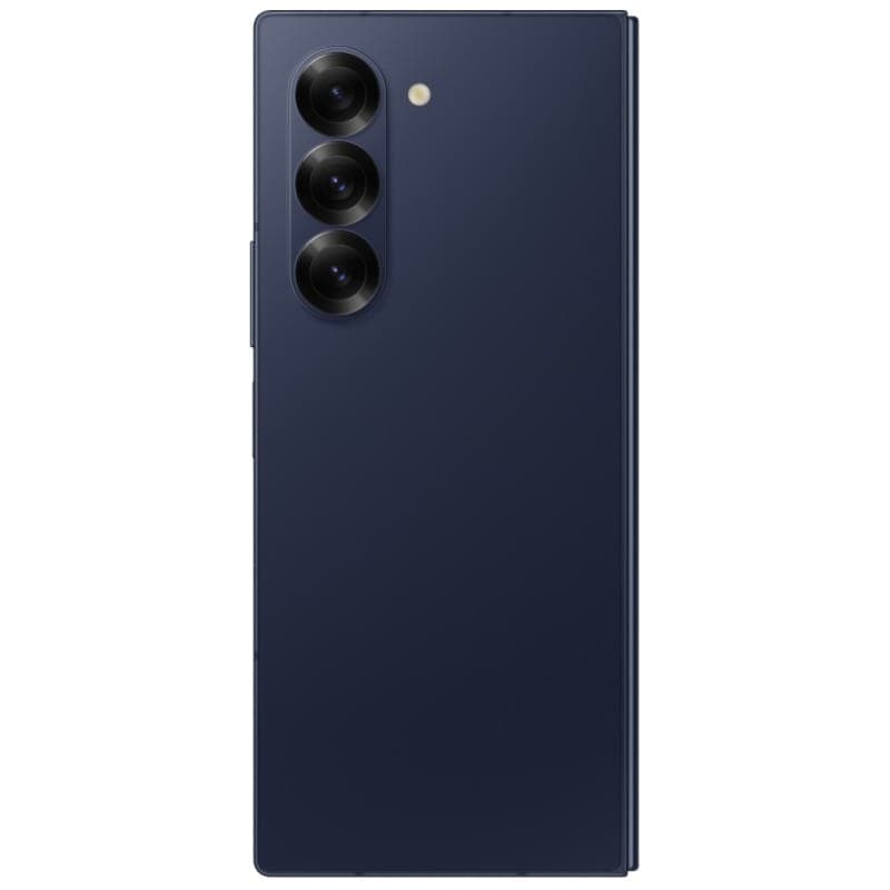 Samsung Galaxy Z Fold6 5G azul oscuro, tapa trasera con triple cámara vertical y flash, acabado premium reacondicionado, diseño plegable elegante