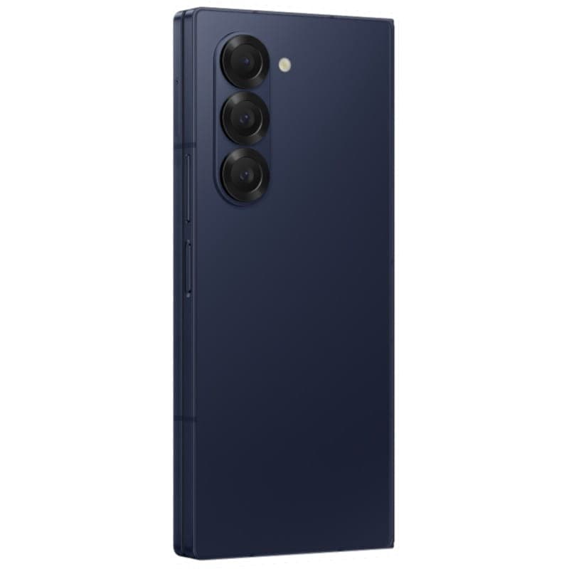 Samsung Galaxy Z Fold6 5G azul oscuro, trasera elegante con triple cámara vertical y flash, bordes planos. Modelo 12GB/256GB reacondicionado estado premium