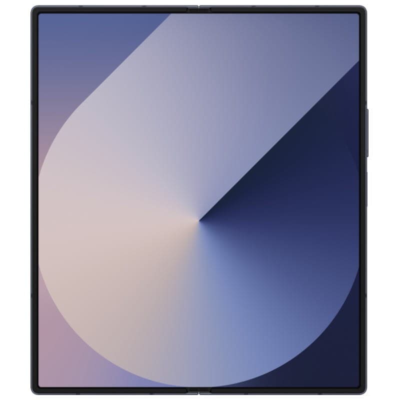 Pantalla interna plegable amplia con biseles delgados, diseño simétrico en azul oscuro. Panel sin notch, pliegue central sutil y bordes rectos elegantes.