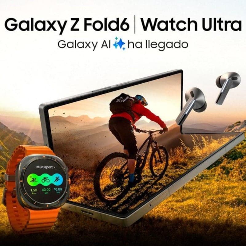 Samsung Galaxy Z Fold6 5G azul oscuro, formato plegable con gran pantalla inmersiva. Incluye auriculares y reloj deportivo. Reacondicionado Estado Premium.