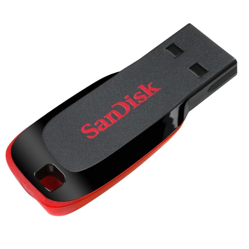 Pendrive SanDisk Cruzer Blade 16GB USB, compacto em plástico preto com detalhe vermelho, acabamento fosco e logotipo SanDisk em vermelho na superfície.
