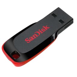 Pendrive SanDisk Cruzer Blade 16GB USB, compacto em plástico preto com detalhe vermelho, acabamento fosco e logotipo SanDisk em vermelho na superfície.