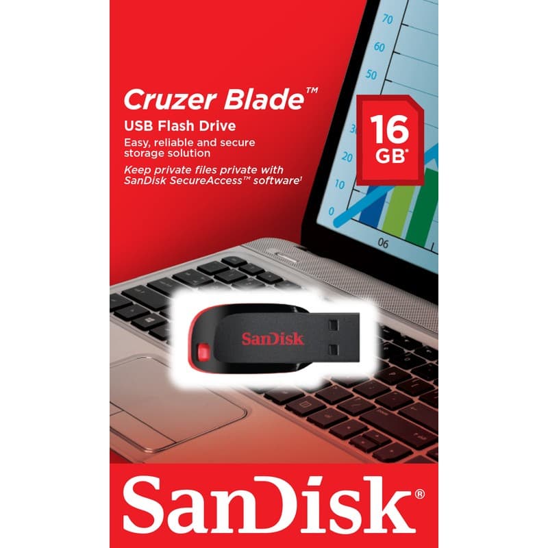Pen drive SanDisk Cruzer Blade 16GB, compacto em preto com detalhe vermelho, conector USB retrátil e design leve para armazenamento portátil