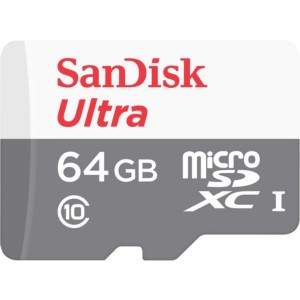 SanDisk MicroSD 64GB Ultra UHS-I + Adaptador Clase 10 - Color gris y blanco - MicroSDXC - Clase 10 - Velocidad de lectura: 80 MB/s - Protección de Nivel 4 - Adaptador SD 