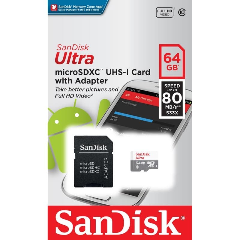 SanDisk MicroSD 64GB Ultra UHS-I + Adaptador Clase 10 - Color gris y blanco, caja del produco - MicroSDXC - Clase 10 - Velocidad de lectura: 80 MB/s - Protección de Nivel 4 - Adaptador SD 