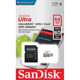 SanDisk MicroSD 64GB Ultra UHS-I + Adaptador Clase 10 - Color gris y blanco, caja del produco - MicroSDXC - Clase 10 - Velocidad de lectura: 80 MB/s - Protección de Nivel 4 - Adaptador SD