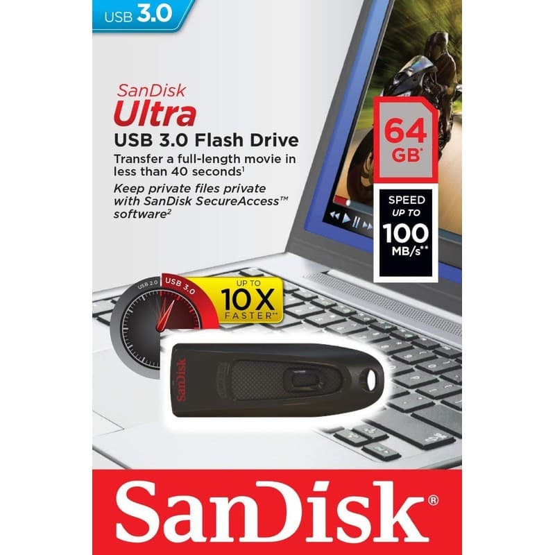 SanDisk Ultra 64GB USB 3.0 Preto - caixa